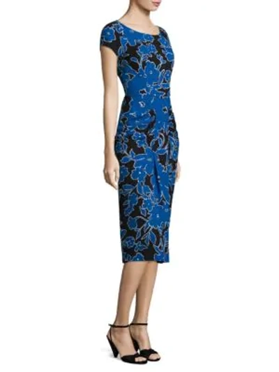 Michael Kors Round-neck Cap-sleeve Tropical Floral-print Fitted Dress In Blue Multi