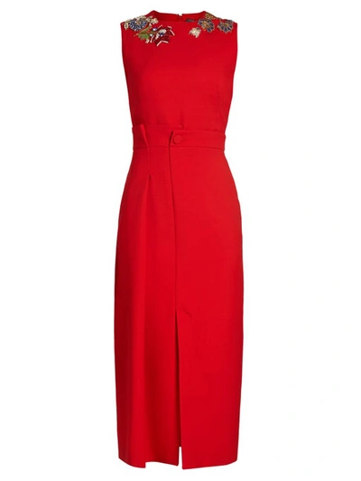 Alexander Mcqueen Sleeveless Wool-silk Midi Sheath Cocktail Dress With Jeweled Embellishment In Red