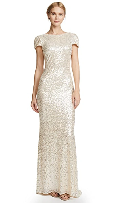 Badgley Mischka Short-sleeve Sequin Cowl-back Evening Gown In Champagne