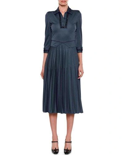 Bottega Veneta Beaded Collared 3/4-sleeve Pullover Dress With Pleated Skirt In Dark Blue