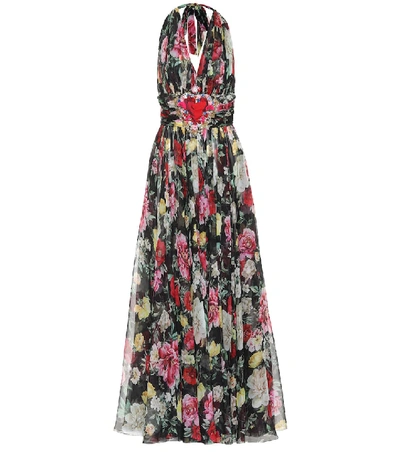 Dolce & Gabbana Halter-neck Floral-print Chiffon Evening Gown W/ Heart Patch In Black Pattern