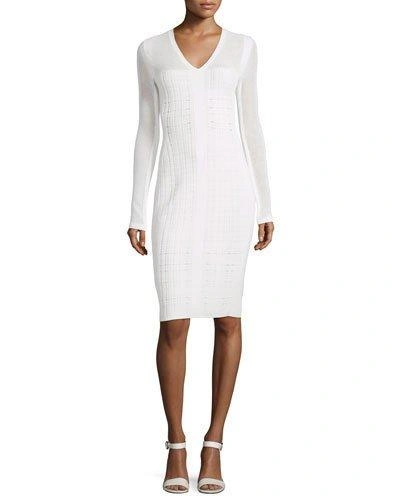Narciso Rodriguez Long-sleeve V-neck Grid Dress In White