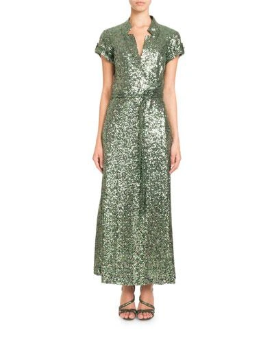 Pascal Millet Short-sleeve Notched-collar Sequin Wrap Evening Gown In Green Metallic