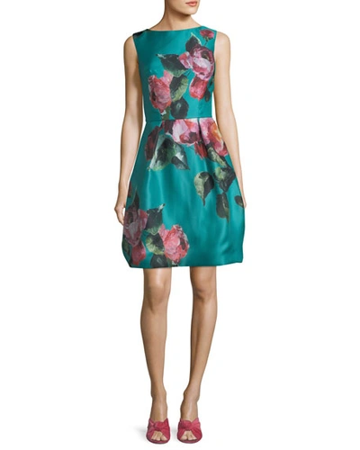 Monique Lhuillier High-neck Sleeveless Floral-print Cocktail Dress In Teal