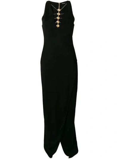Balmain Sleeveless Coin-neck Front-slit Evening Gown In Black