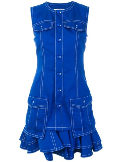 Givenchy Sleeveless Button-front Cotton Mini Dress W/ Ruffled Hem In Blue