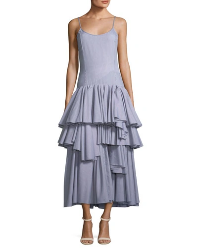 Pascal Millet Sleeveless Tiered Ruffle Striped Cotton Tank Dress In Light Blue