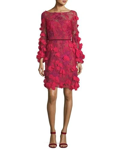 Marchesa Notte 3d Floral Long-sleeve Cocktail Dress In Red