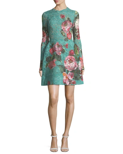 Monique Lhuillier Rose-print Guipure Lace Fit & Flare Cocktail Dress In Teal