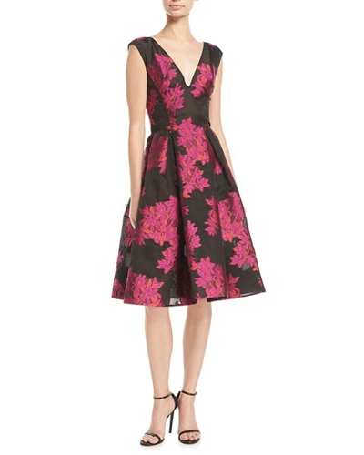Zac Posen V-neck Sleeveless Floral-embroidered Fit-and-flare Cocktail Dress