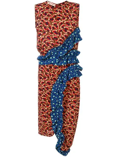 Marni Sleeveless Contrast Ruffle Fitted Sheath Dress In Multicolour