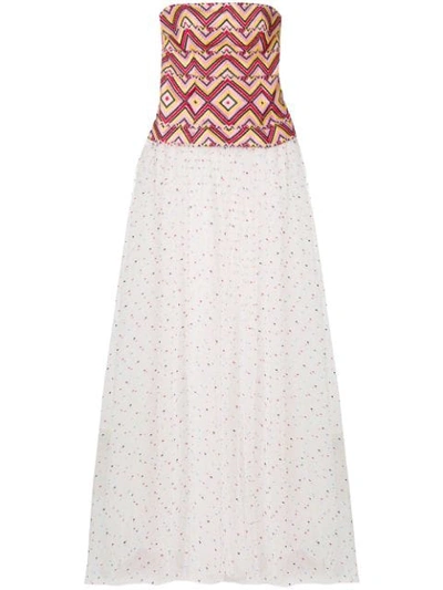 Ermanno Scervino Strapless Woven Top With Tulle Dotted Skirt Evening Gown In White