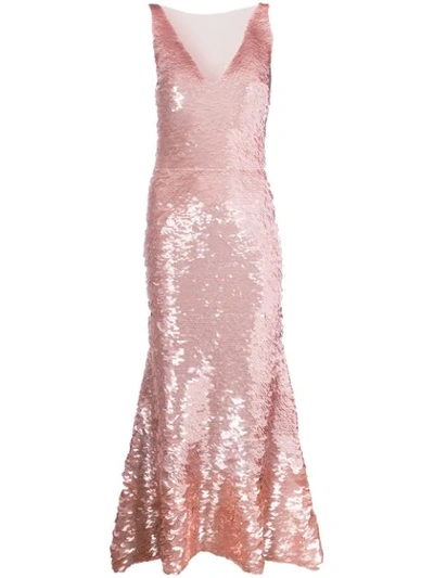 Oscar De La Renta Sleeveless V-neck Sequined Cocktail Dress In Pink