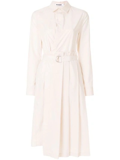 Jil Sander Button-front Belted Long-sleeve Shirtdress With Asymmetric Skirt In Pink