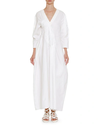 Jil Sander V-neck Long-sleeve Long Cotton Dress With Asymmetric Pleating In Off White