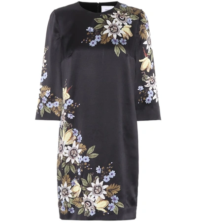 Erdem Emma Elbow-sleeve Silk Shift Dress With Placed Floral-print In Black