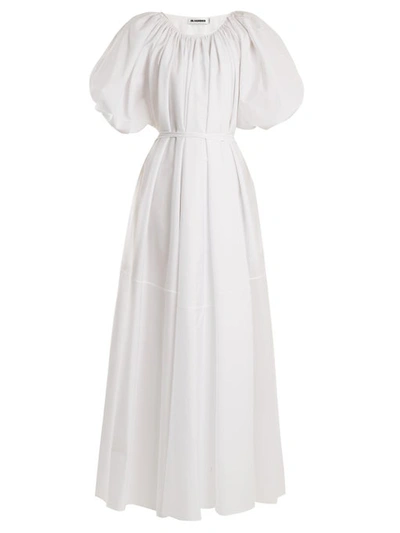 Jil Sander Scoop-neck Puff-sleeve Belted Full-skirt Cotton Dress In White