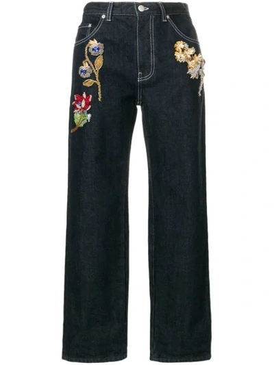 Alexander Mcqueen Wide-leg Cropped Jeans With Jeweled Trim In Denim
