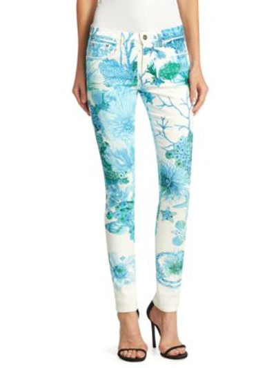 Roberto Cavalli Skinny-leg Coral-reef Printed Stretch-denim Ankle Jeans In Turquoise