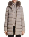 Herno Fox Fur Trim Satin Down Coat In Tortora