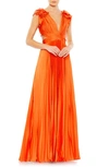 Ieena For Mac Duggal Pleated Ruffled Cap Sleeve Cut Out Lace Up Gown In Sunset