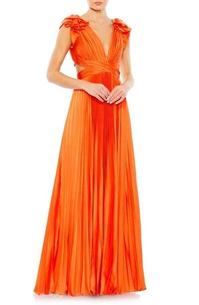Mac Duggal Pleated Ruffled Cap Sleeve Cut Out Lace Up Gown In Sunset