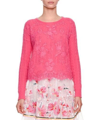 Ermanno Scervino Crewneck Long-sleeve Cable-knit Cashmere Sweater With Lace In Blush