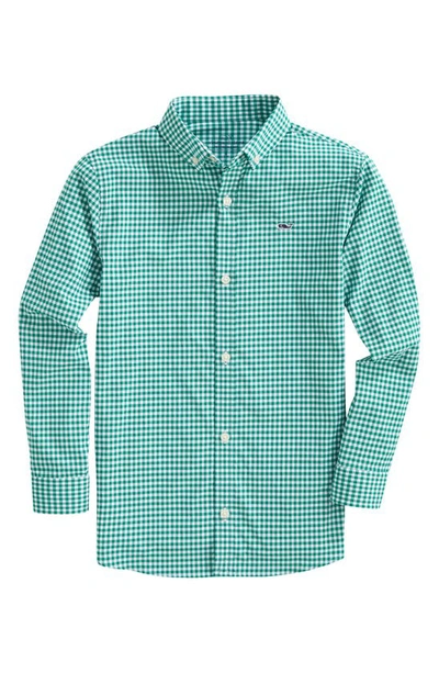 Vineyard Vines Kids' Gingham Performance Whale Button-down Shirt In Arawak Green Meadow