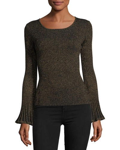Milly Flare-sleeve Ribbed Metallic Sweater In Bronze