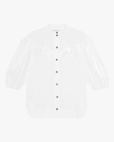 Ganni Ruffle-trimmed Organic Cotton-poplin Shirt In Bright White