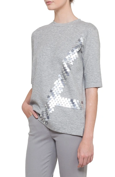 Akris Crewneck Elbow-sleeve Sequin Embroidered Jersey Tunic In Gravel