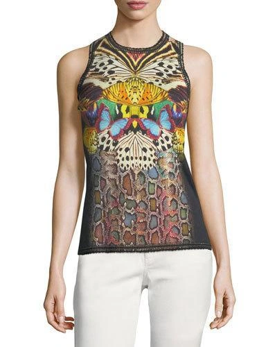 Roberto Cavalli Sleeveless Butterfly-print Wool-cashmere Knit Shell Top In Black/gold