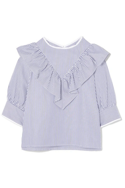 Atlantique Ascoli Dimanche Elbow-sleeves Striped Poplin Blouse W/ Ruffled Frill In Blue