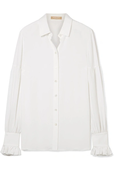 Michael Kors Silk Gathered Bell-sleeve Silk Button-down Shirt In White
