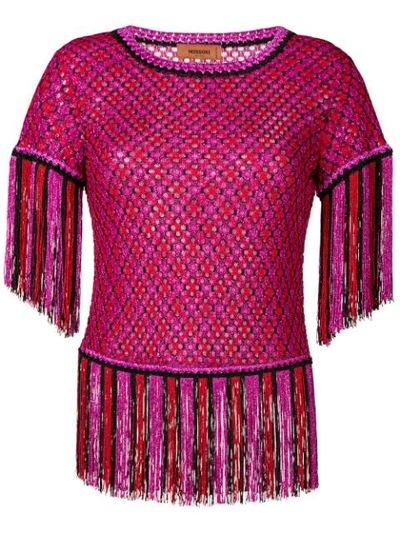 Missoni Short-sleeve Fringe-hem Multicolor Knit Top In Pink/red