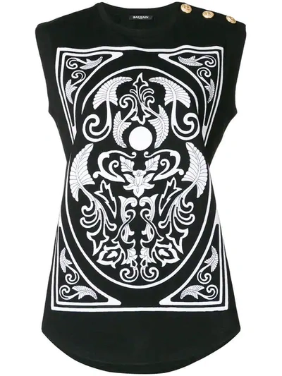 Balmain Sleeveless Baroque-print Tank Top With Button-shoulder Detail In Black