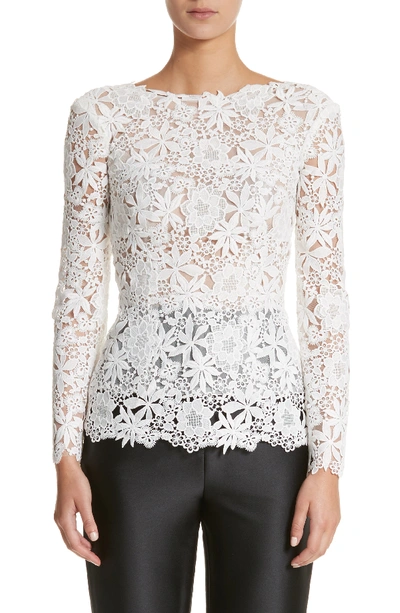 Monique Lhuillier High-neck Long-sleeve Floral-guipure Lace Top In Silk White