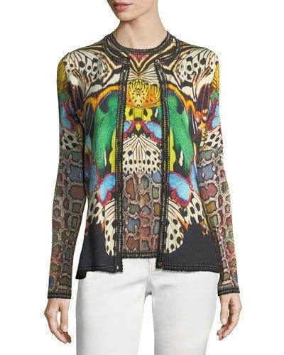 Roberto Cavalli Wool-cashmere Button-front Butterfly-print Knit Cardigan In Black/gold