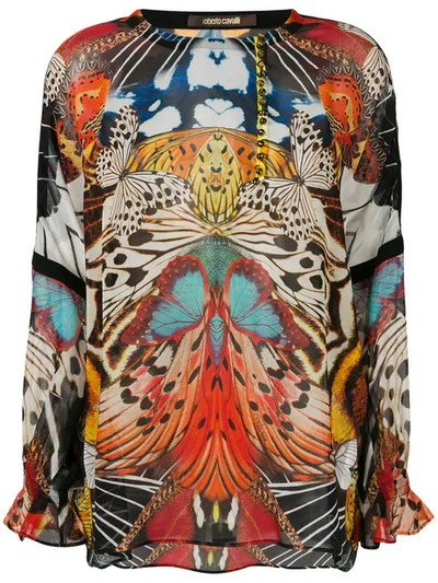 Roberto Cavalli Long-sleeve Butterfly-print Silk Blouse In Multicolour