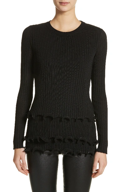 Givenchy Crewneck Rib-knit Sweater W/ Tiered Ruffle Hem In Black