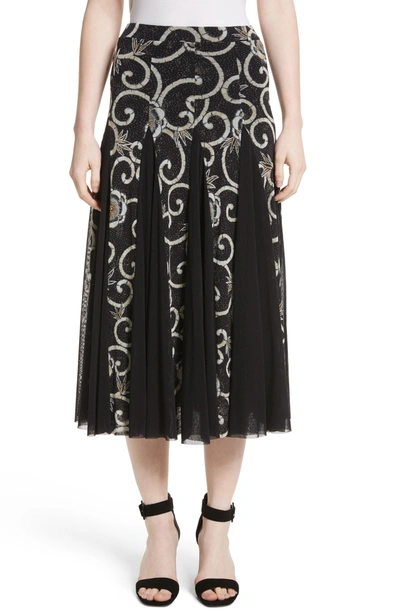 Fuzzi Scroll Floral Pleated Midi Skirt In Nero