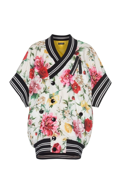 Dolce & Gabbana Short-sleeve Floral-print Wrap Snap-front Bomber Jacket In Cream