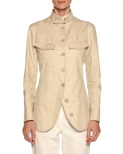 Giorgio Armani Stand-collar Button-front Coated Linen Utility Jacket In Beige