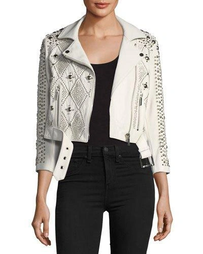 Nour Hammour Vendome Saturday Studded Leather Moto Jacket In White