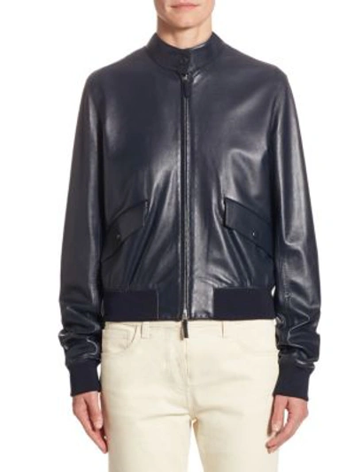 The Row Erhly Zip-front Leather Bomber Jacket In Navy