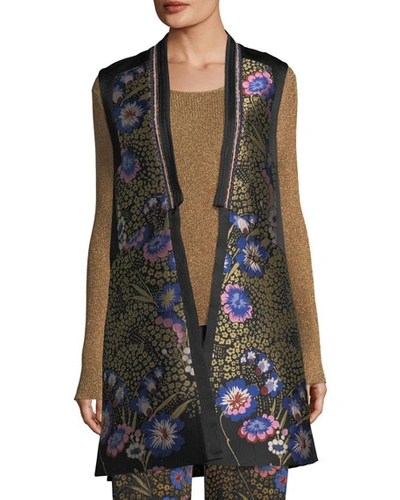 Etro Floral-embroidered Open-front Silk Faille Long Vest In Black
