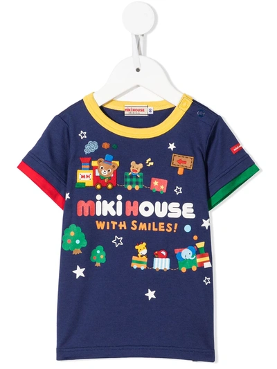 Miki House Kids' Animal Train-print Appliqué T-shirt In Blue