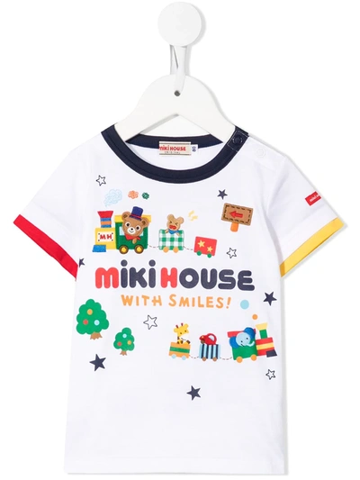 Miki House Kids' Animal Train-print Appliqué T-shirt In White