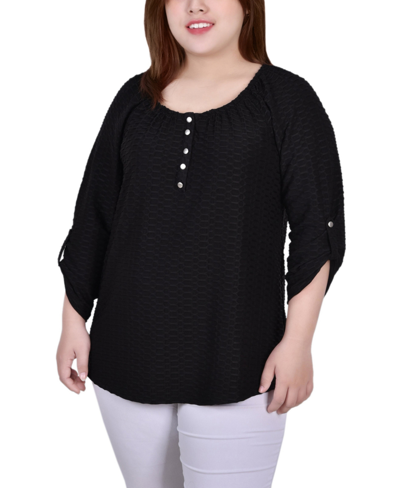 Ny Collection Plus Size 3/4 Sleeve Honeycomb Henley Top In Black