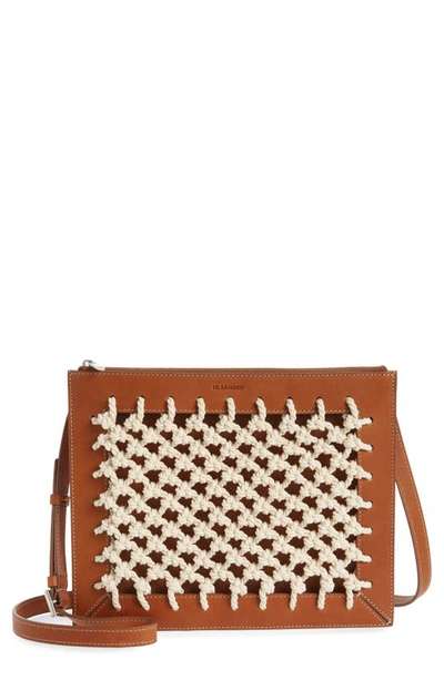 Jil Sander Cotton Net & Leather Crossbody Bag In Medium Brown